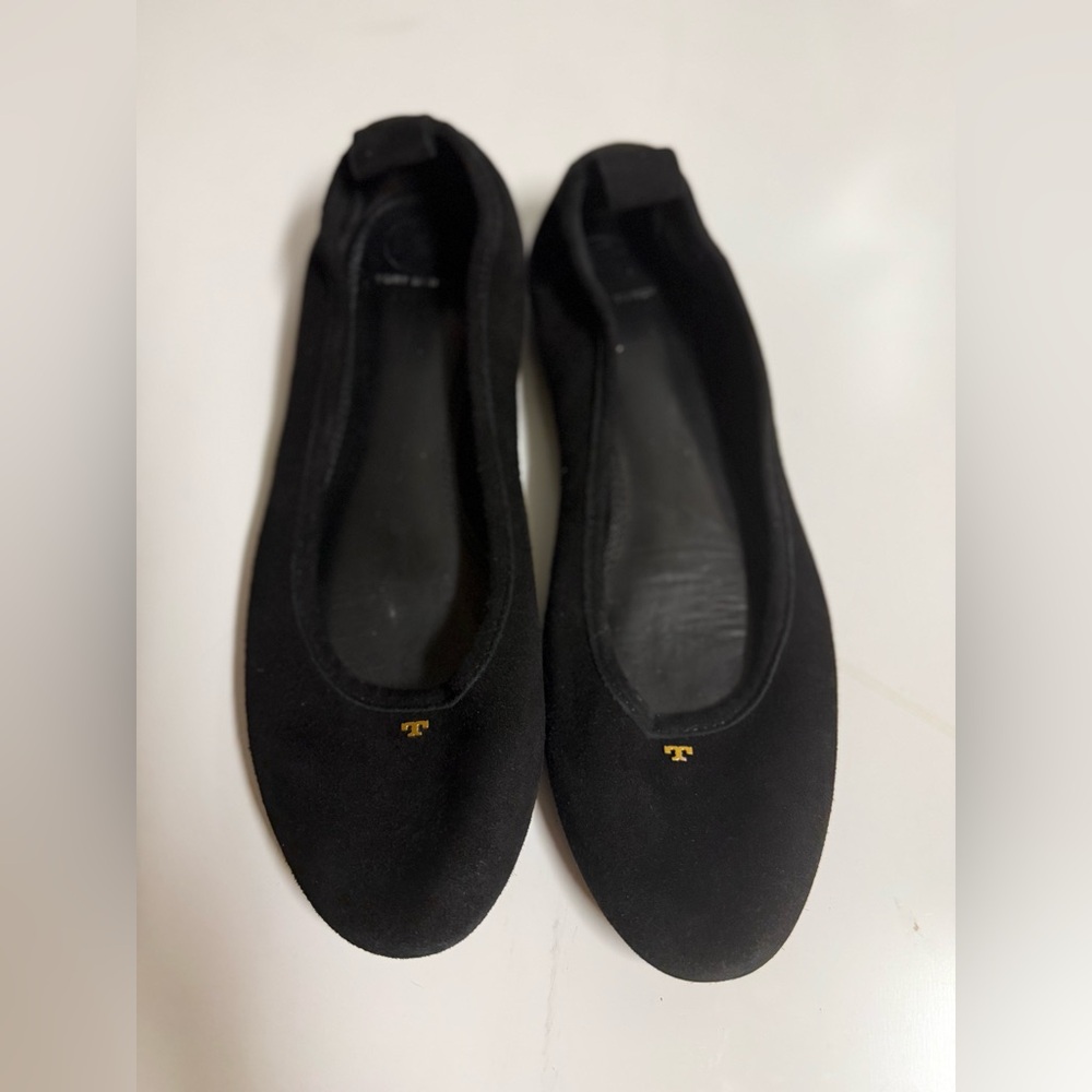 Tory Burch Black Suede Flats with Gold Logo
